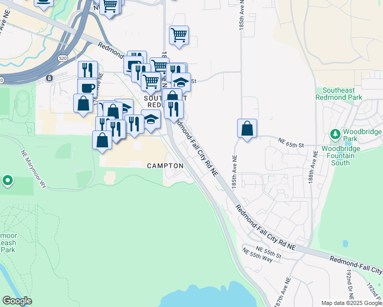 map of restaurants, bars, coffee shops, grocery stores, and more near 6335 East Lake Sammamish Parkway Northeast in Redmond