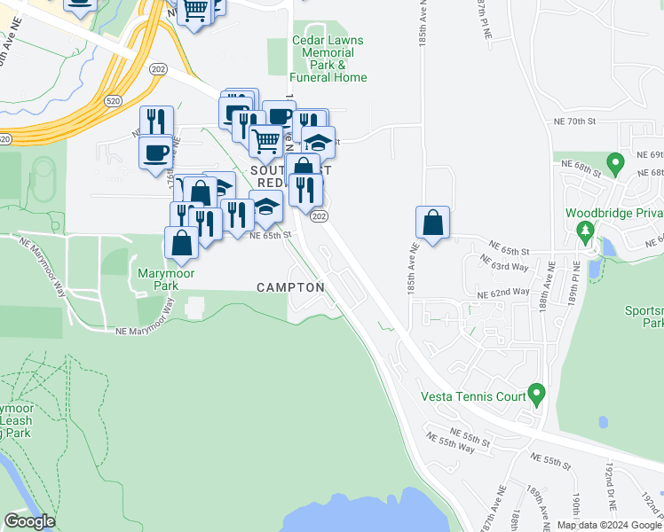 map of restaurants, bars, coffee shops, grocery stores, and more near 6335 East Lake Sammamish Parkway Northeast in Redmond