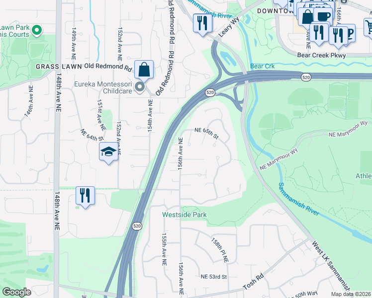 map of restaurants, bars, coffee shops, grocery stores, and more near 15614 Northeast 62nd Court in Redmond