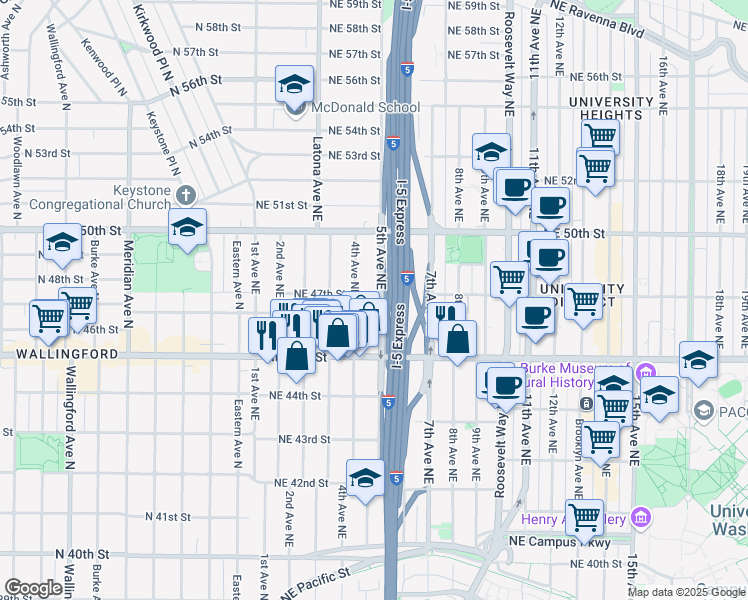 map of restaurants, bars, coffee shops, grocery stores, and more near 4536 4th Avenue Northeast in Seattle
