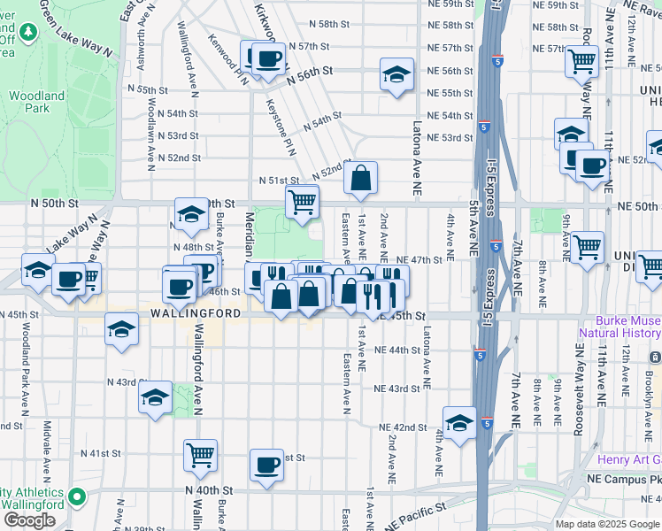 map of restaurants, bars, coffee shops, grocery stores, and more near 4533 Eastern Avenue North in Seattle