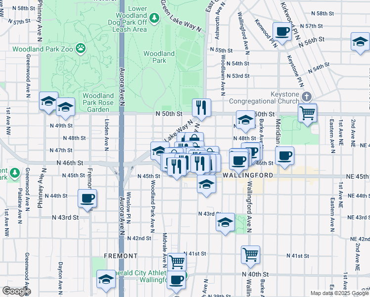 map of restaurants, bars, coffee shops, grocery stores, and more near 4606 Stone Way North in Seattle