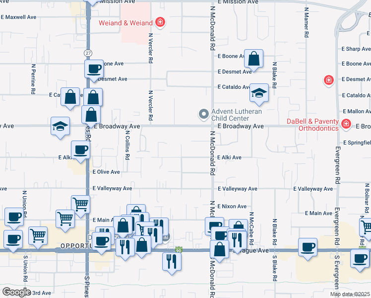 map of restaurants, bars, coffee shops, grocery stores, and more near 12912 East Alki Avenue in Spokane Valley