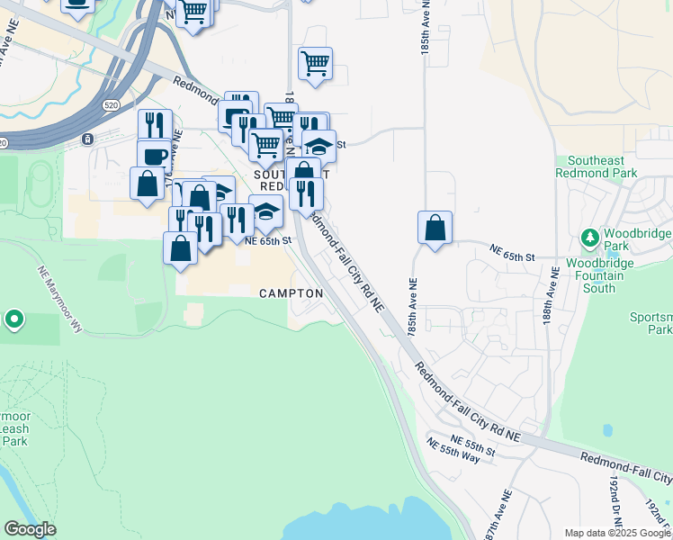 map of restaurants, bars, coffee shops, grocery stores, and more near 6335 East Lake Sammamish Parkway Northeast in Redmond