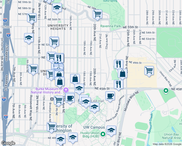 map of restaurants, bars, coffee shops, grocery stores, and more near 19th Ave NE & NE 47th St in Seattle
