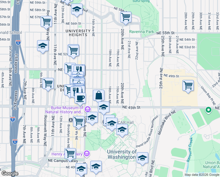 map of restaurants, bars, coffee shops, grocery stores, and more near 18th Ave NE & NE 47th St in Seattle