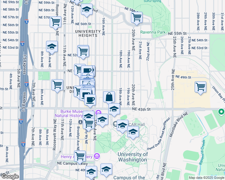 map of restaurants, bars, coffee shops, grocery stores, and more near 17th Ave NE & NE 47th St in Seattle
