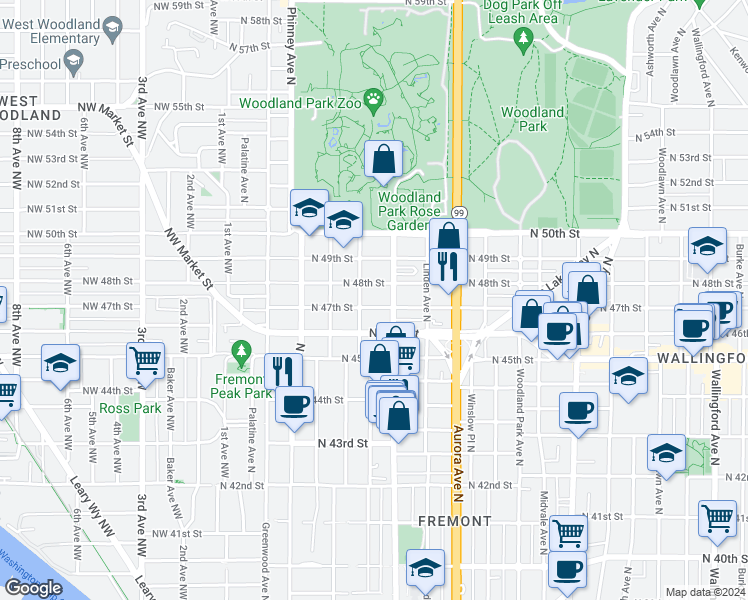 map of restaurants, bars, coffee shops, grocery stores, and more near 4605 Fremont Avenue North in Seattle
