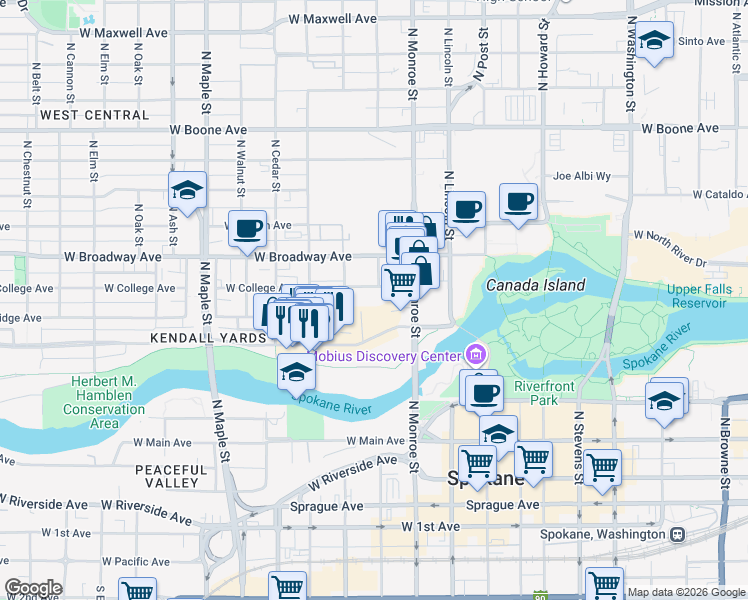 map of restaurants, bars, coffee shops, grocery stores, and more near 1101 West College Avenue in Spokane