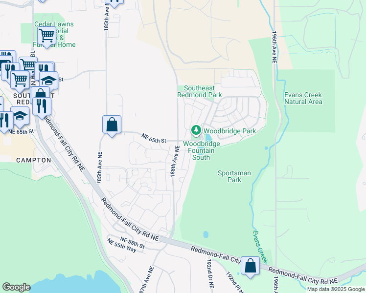 map of restaurants, bars, coffee shops, grocery stores, and more near 6225 189th Place Northeast in Redmond