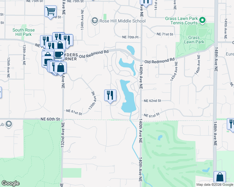 map of restaurants, bars, coffee shops, grocery stores, and more near 6236 137th Avenue Northeast in Redmond