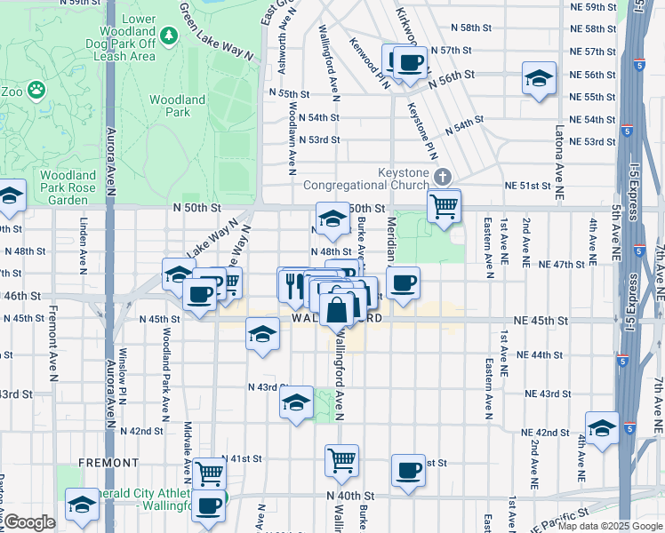 map of restaurants, bars, coffee shops, grocery stores, and more near 1716 North 46th Street in Seattle