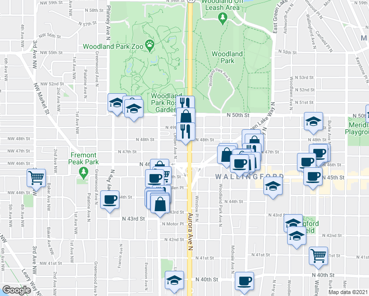 map of restaurants, bars, coffee shops, grocery stores, and more near 4605 Aurora Avenue North in Seattle