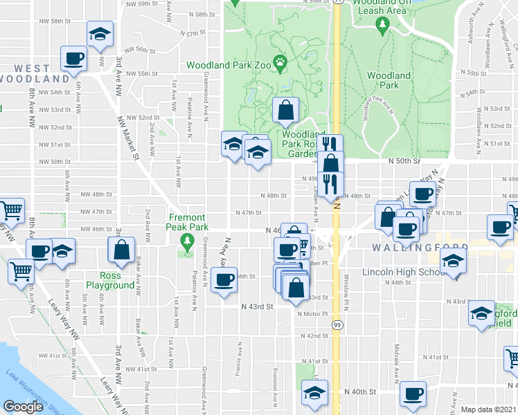 map of restaurants, bars, coffee shops, grocery stores, and more near 514 North 46th Street in Seattle