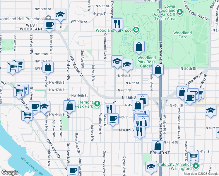 map of restaurants, bars, coffee shops, grocery stores, and more near 306 North 46th Street in Seattle