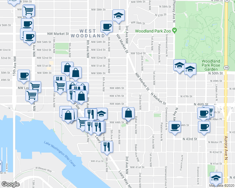 map of restaurants, bars, coffee shops, grocery stores, and more near 336 Northwest 46th Street in Seattle