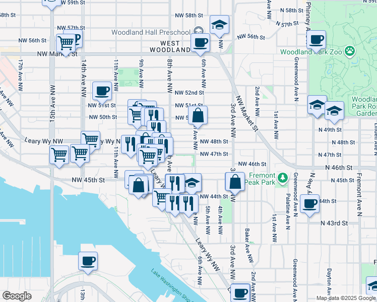 map of restaurants, bars, coffee shops, grocery stores, and more near 4608 6th Avenue Northwest in Seattle