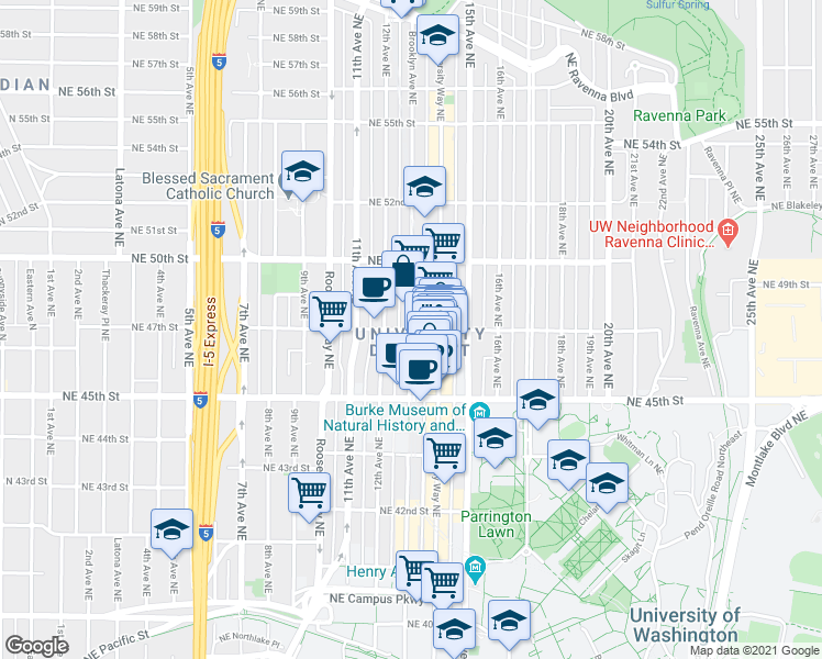 map of restaurants, bars, coffee shops, grocery stores, and more near Brooklyn Avenue Northeast & Northeast 47th Street in Seattle