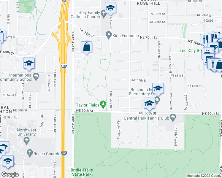 map of restaurants, bars, coffee shops, grocery stores, and more near 120th Ave NE & NE 64th St in Kirkland