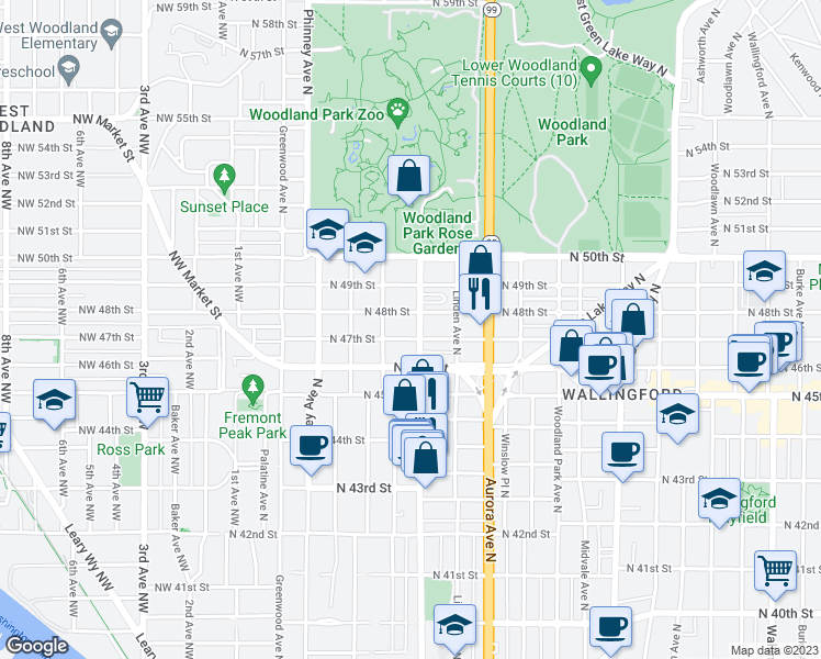 map of restaurants, bars, coffee shops, grocery stores, and more near 4707 Fremont Avenue North in Seattle