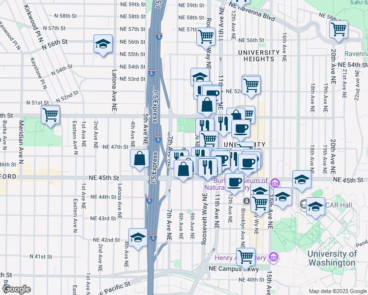 map of restaurants, bars, coffee shops, grocery stores, and more near 8th Ave NE & NE 47th St in Seattle
