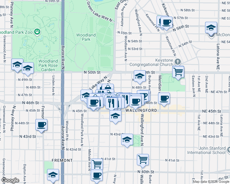 map of restaurants, bars, coffee shops, grocery stores, and more near 1416 North 46th Street in Seattle