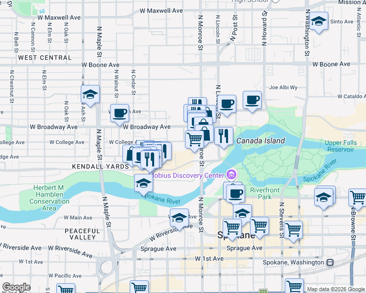 map of restaurants, bars, coffee shops, grocery stores, and more near 1101 West College Avenue in Spokane