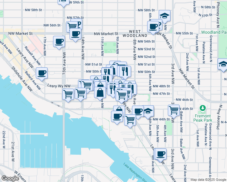 map of restaurants, bars, coffee shops, grocery stores, and more near 4601 Northwest Leary Way in Seattle