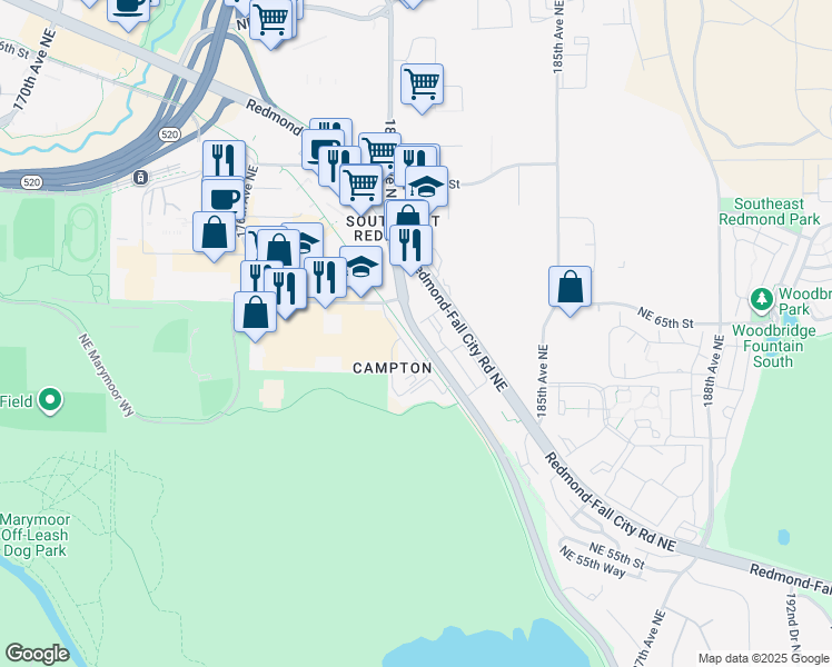 map of restaurants, bars, coffee shops, grocery stores, and more near 6335 East Lake Sammamish Parkway Northeast in Redmond