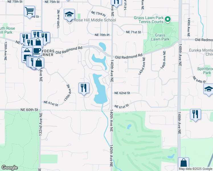 map of restaurants, bars, coffee shops, grocery stores, and more near 6260 139th Avenue Northeast in Redmond