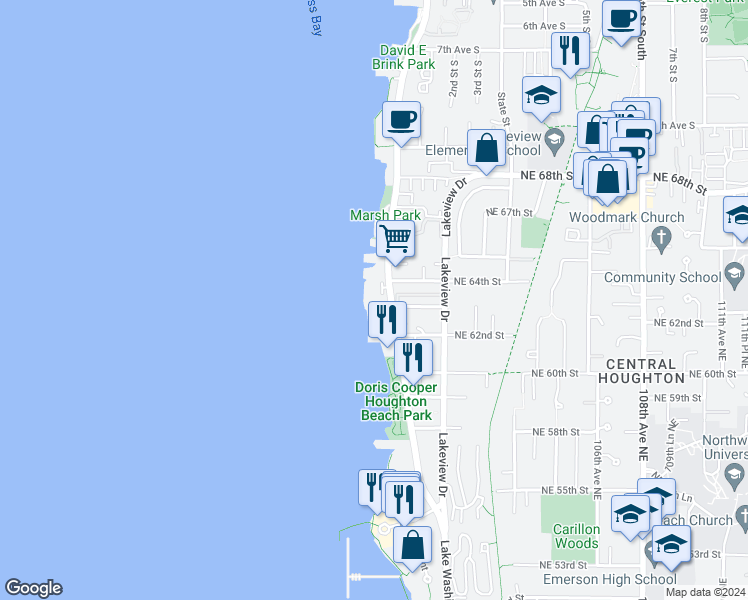 map of restaurants, bars, coffee shops, grocery stores, and more near 6211 Lake Washington Boulevard Northeast in Kirkland
