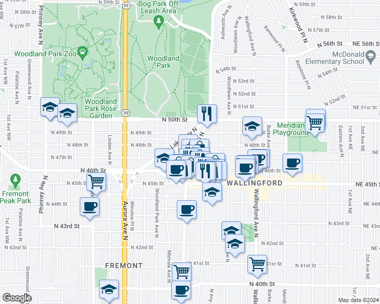 map of restaurants, bars, coffee shops, grocery stores, and more near 4606 Stone Way North in Seattle