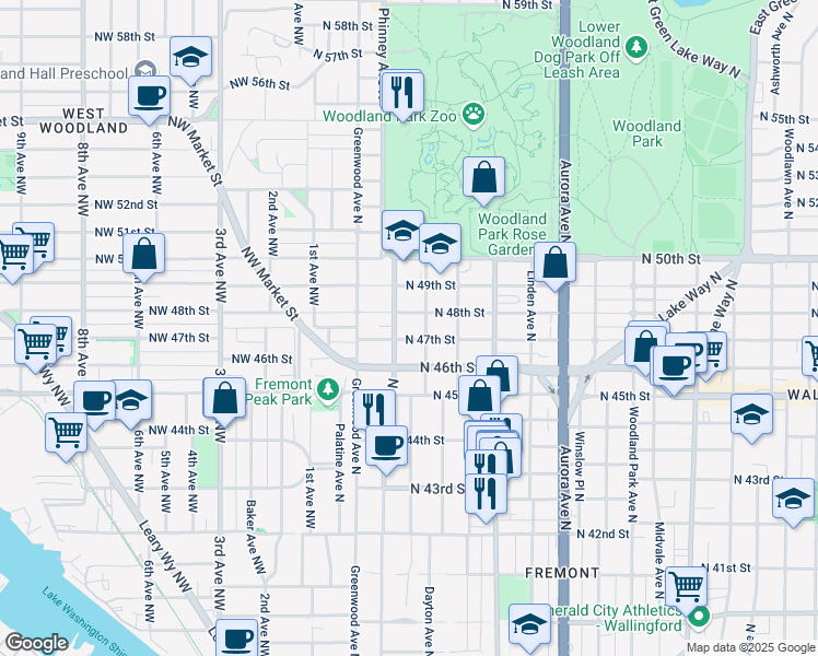 map of restaurants, bars, coffee shops, grocery stores, and more near 410 North 46th Street in Seattle