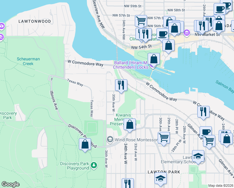 map of restaurants, bars, coffee shops, grocery stores, and more near 4554 34th Avenue West in Seattle