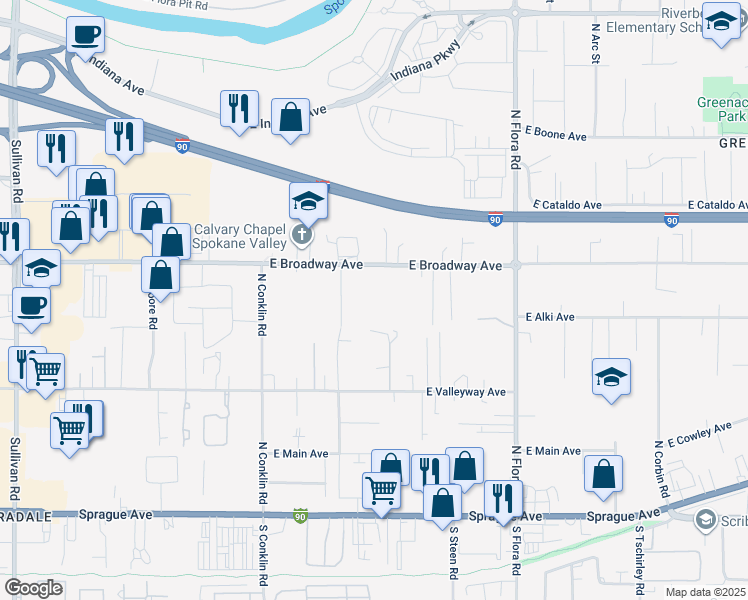 map of restaurants, bars, coffee shops, grocery stores, and more near 16618 East Broadway Avenue in Spokane Valley