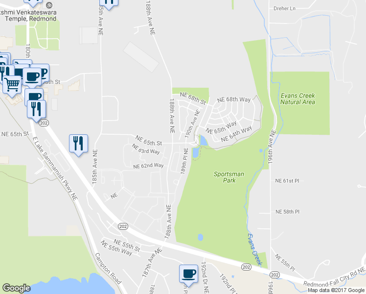 map of restaurants, bars, coffee shops, grocery stores, and more near 6319 189th Place Northeast in Redmond