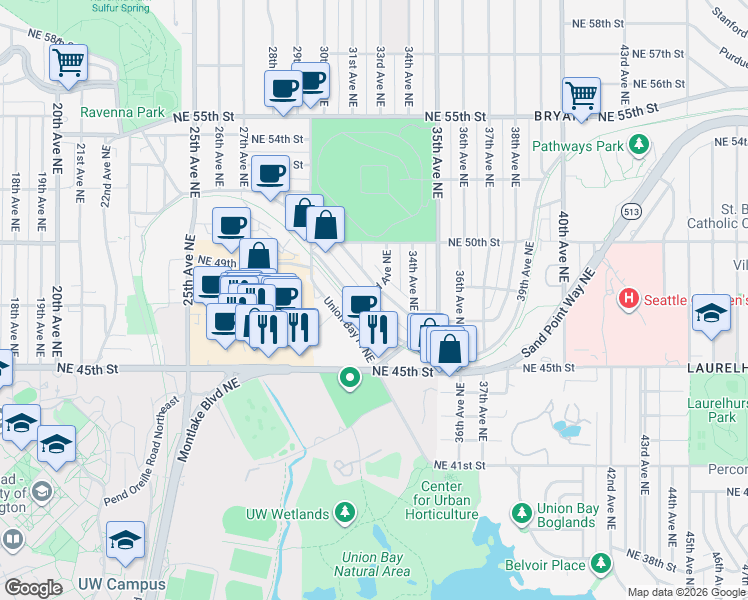 map of restaurants, bars, coffee shops, grocery stores, and more near 4712 33rd Avenue Northeast in Seattle