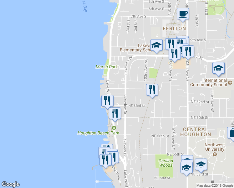 map of restaurants, bars, coffee shops, grocery stores, and more near 10108 Northeast 63rd Street in Kirkland