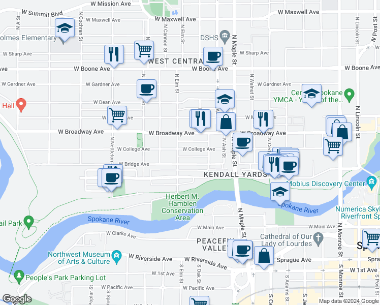 map of restaurants, bars, coffee shops, grocery stores, and more near 1837 West College Avenue in Spokane