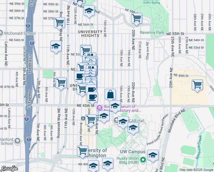 map of restaurants, bars, coffee shops, grocery stores, and more near 1600 Northeast 47th Street in Seattle