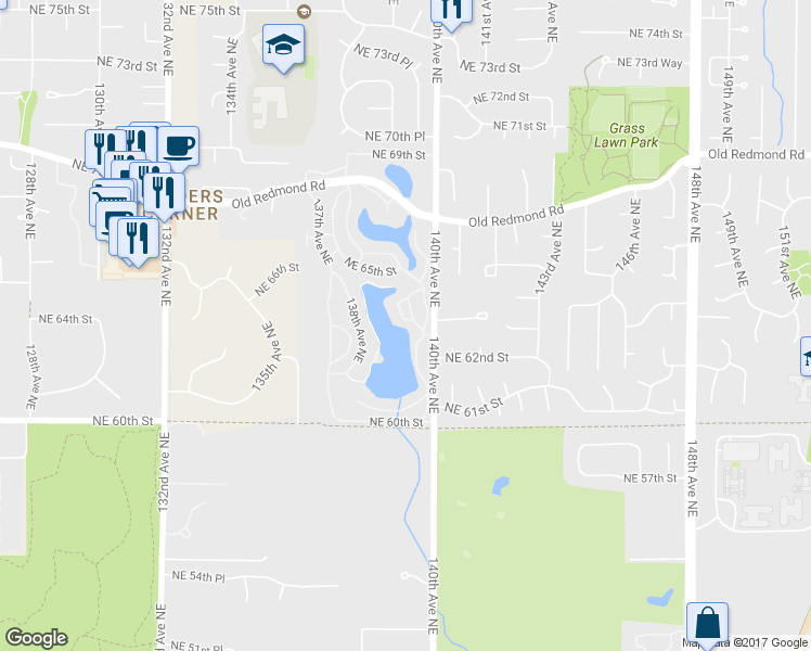 map of restaurants, bars, coffee shops, grocery stores, and more near 6453 139th Place Northeast in Redmond