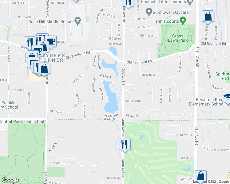 map of restaurants, bars, coffee shops, grocery stores, and more near 6260 139th Avenue Northeast in Redmond
