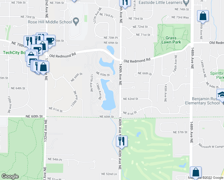map of restaurants, bars, coffee shops, grocery stores, and more near 6439 139th Avenue Northeast in Redmond