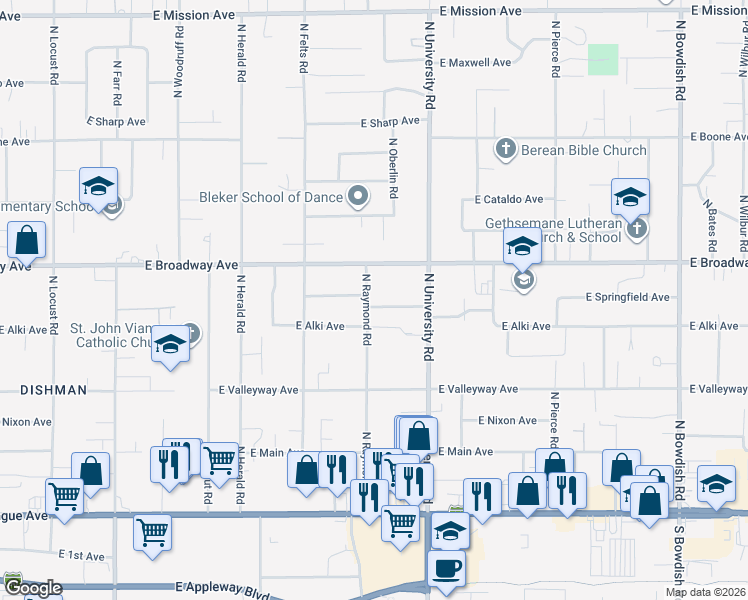 map of restaurants, bars, coffee shops, grocery stores, and more near 10422 East Broadway Avenue in Spokane Valley