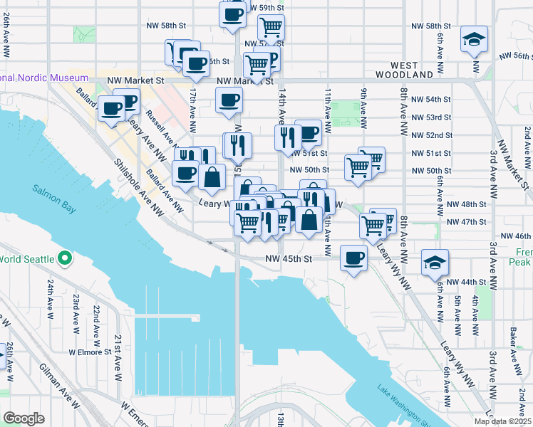 map of restaurants, bars, coffee shops, grocery stores, and more near 1426 NW Leary Way in Seattle