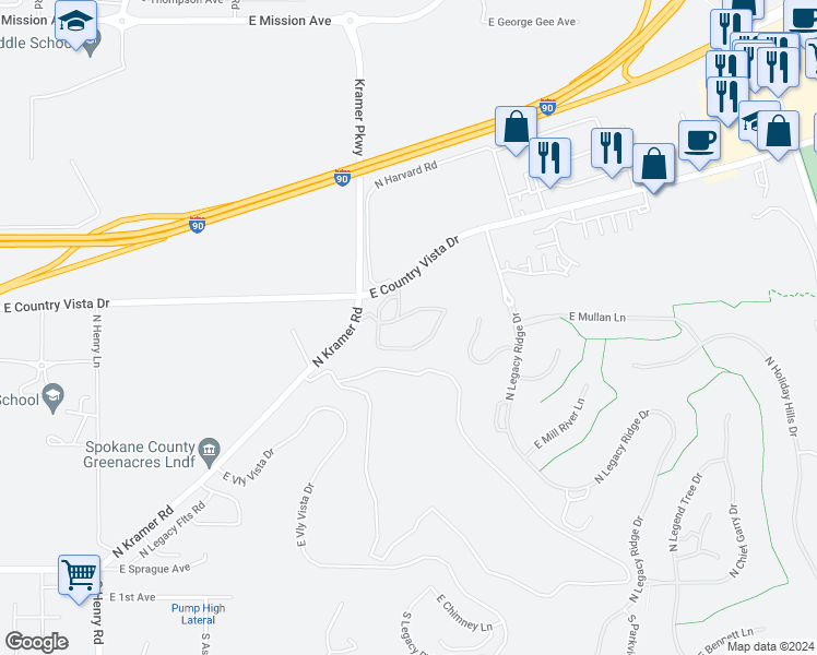 map of restaurants, bars, coffee shops, grocery stores, and more near 21300 Country Vista Drive in Liberty Lake