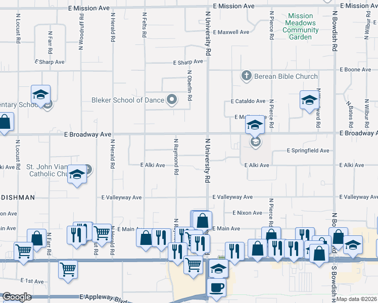 map of restaurants, bars, coffee shops, grocery stores, and more near 10606 East Broadway Avenue in Spokane Valley