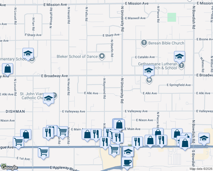 map of restaurants, bars, coffee shops, grocery stores, and more near 10422 East Broadway Avenue in Spokane Valley
