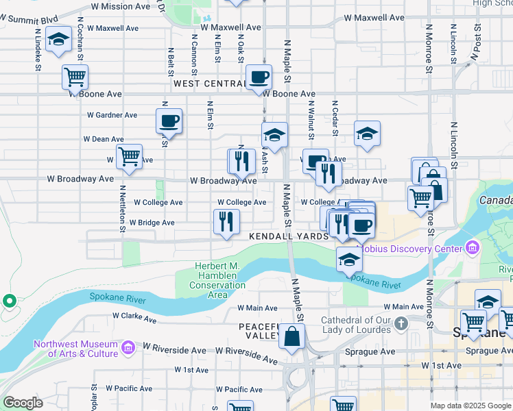 map of restaurants, bars, coffee shops, grocery stores, and more near 1801 West Broadway Avenue in Spokane