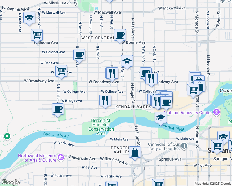 map of restaurants, bars, coffee shops, grocery stores, and more near 1801 West Broadway Avenue in Spokane